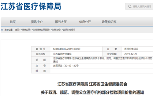 江苏省取消、规范、调整公立医疗机构部分检验项目价格！